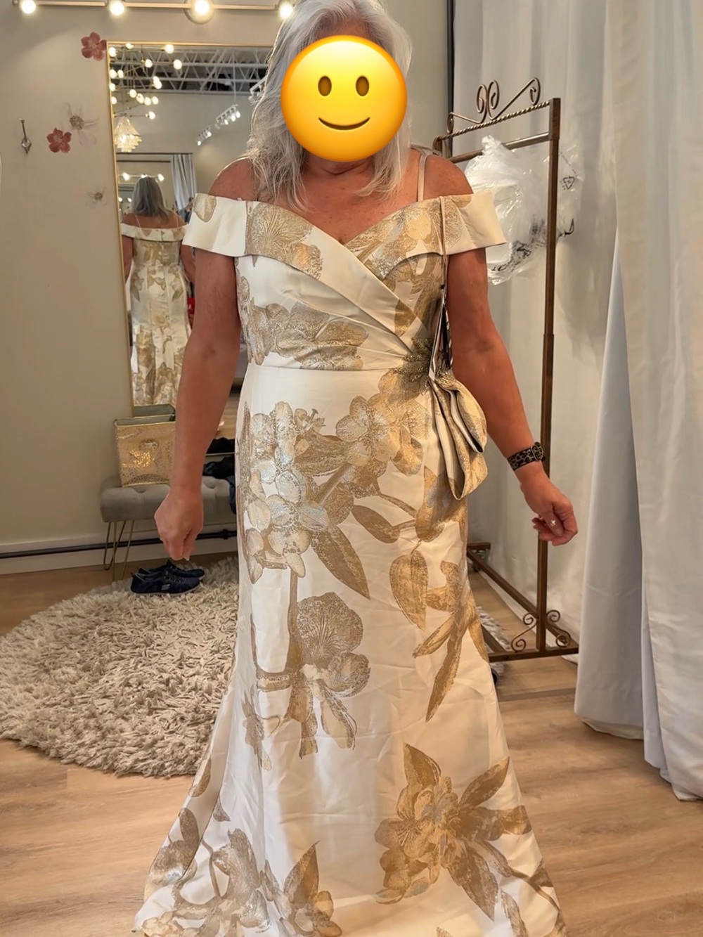 Ivory and Gold Floral Off-Shoulder Maxi Dress with Side Bow